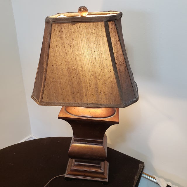 Wood 1980s Bloomingdales Copper Patina Baluster Style Wood Table Lamp For Sale - Image 7 of 9