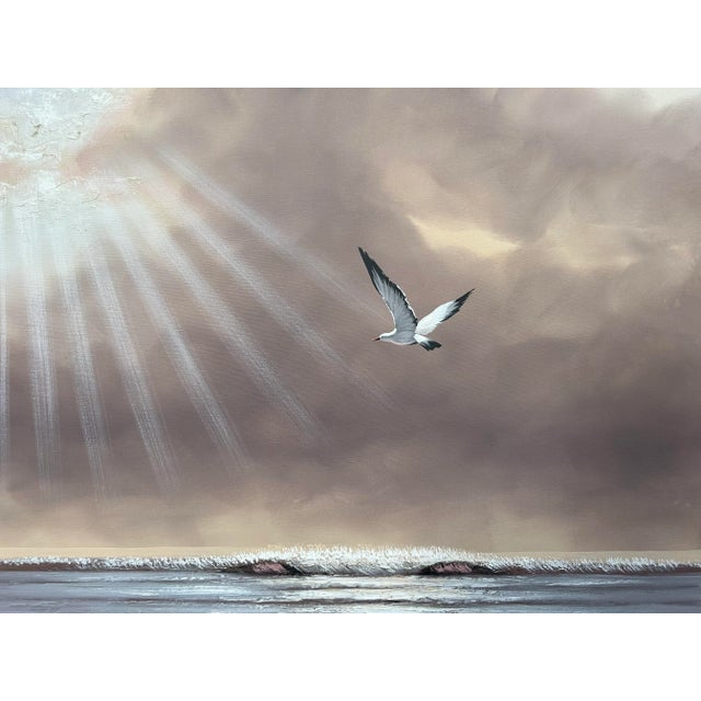 Hollywood Regency Vintage Mid Century 1960’s Seascape Large Oil Painting With Seagull For Sale - Image 3 of 7