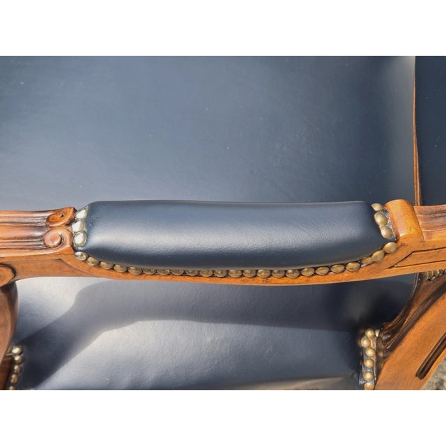 Chateau d'Ax French Bergere Fauteuil Blue Leather Arm Chair For Sale - Image 11 of 18