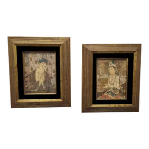 Vintage Gold Gilt Wood Framed Asian King & Queen Portrait Prints