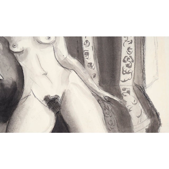 Nude Woman on Striped Chair #1 in Charcoal and Gouache on Paper Black and white painting of a woman by acclaimed bluegrass...