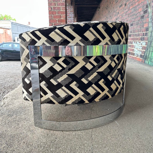 3 seat sofa by Flair in the style of Milo Baughman. This piece is currently covered in a funky geometric pattern with a...
