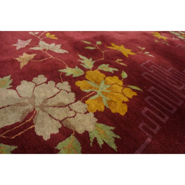 Textile 1920s Deep Red Field Floral Greek Key Antique Chinese Art Deco 8'10" X 11'6" Rug For Sale - Image 7 of 9
