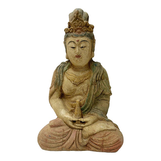 9" Chinese Meditation Cross Legs Bottle Sitting Bodhisattva Wood Statue For Sale