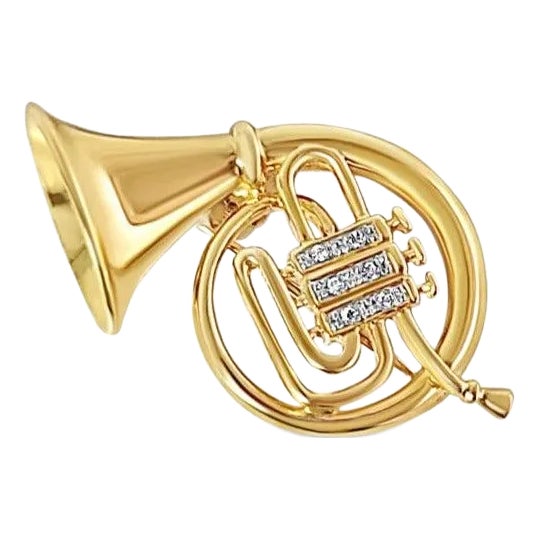 Diamond French Horn Brooch .10cttw 14k Yellow Gold For Sale