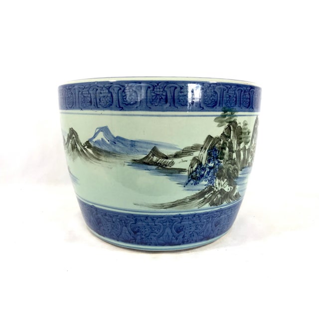 Vintage Chinese Blue & White Porcelain Planter, Wrap Around Shan Shui Mountain & Water Landscapes For Sale - Image 4 of 11