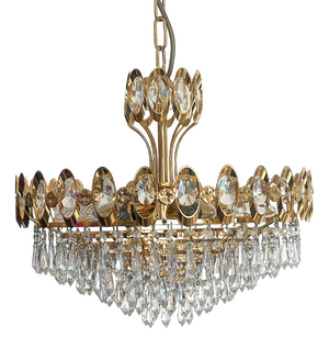 24 Karat Gold-Plated Brass and Crystal Chandelier, 1970s