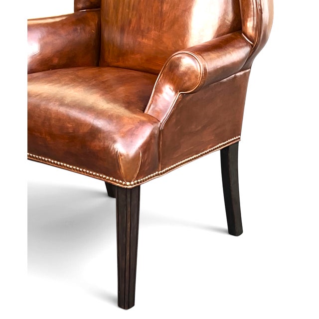 Pair of Vintage Cognac Leather Wingback Chairs With Louis XVI–Style Fluted Legs For Sale - Image 10 of 11