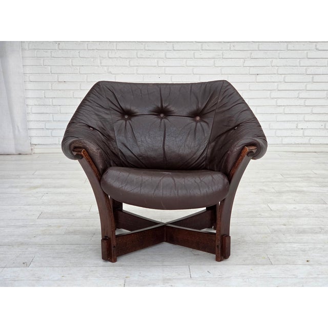 Textile Scandinavian Lounge Chair in Furniture Leather and Oak, 1970s For Sale - Image 7 of 18