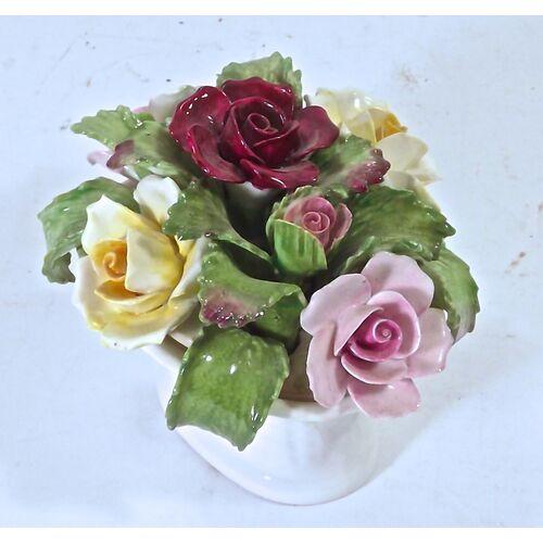 English porcelain rose basket figure. Titled "June Rose" and marked "Est. 1775, Aynsley, England, Hand Modelled, Hand-...