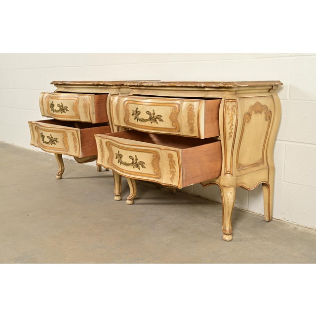 John Widdicomb Italian Rococo Louis XV Cream Lacquered and Gold Gilt Bedside Chests, Pair For Sale In South Bend - Image 6 of 16