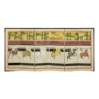 Six-Panel Japanese Inspired Screen with Horses in Stable with Bamboo Backdrop For Sale