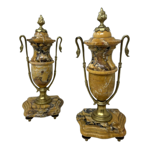 Pair French Regency Style Giallo Sienna Marble Gilt Bronze Ormolu Urns Vases 19Ct