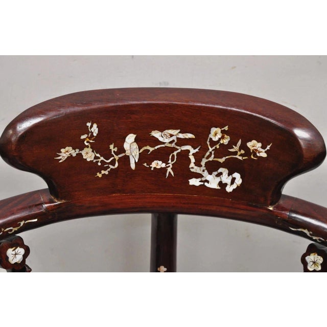 Chinoiserie Vintage Chinese Carved Hardwood Corner Lounge Chair With Mother of Pearl Inlay For Sale - Image 3 of 10