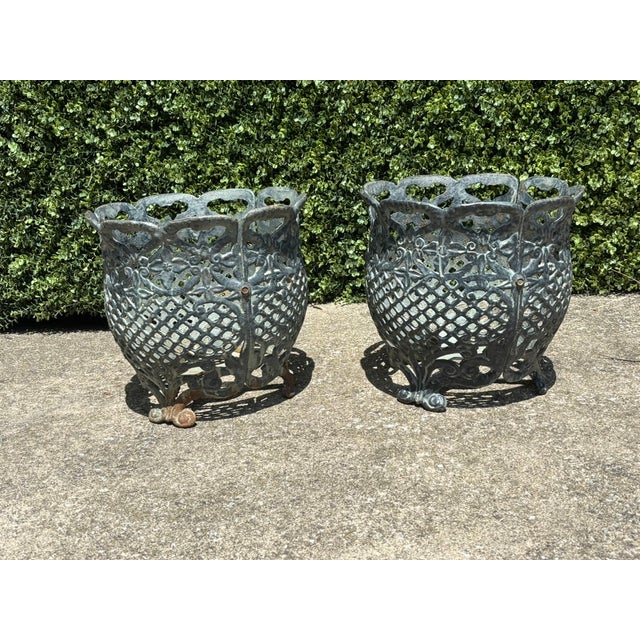Matching Pair of Antique Victorian Cast Iron Reticulated/Lacework Planters For Sale - Image 12 of 18