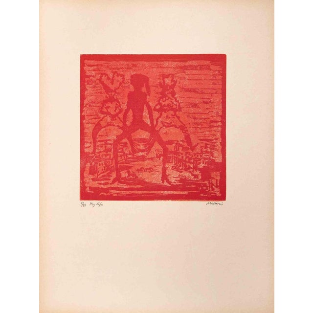 Life is an Artwork realized by Mino Maccari (1924-1989) in the Mid-20th Century. Colored woodcut on paper. hand signed and...