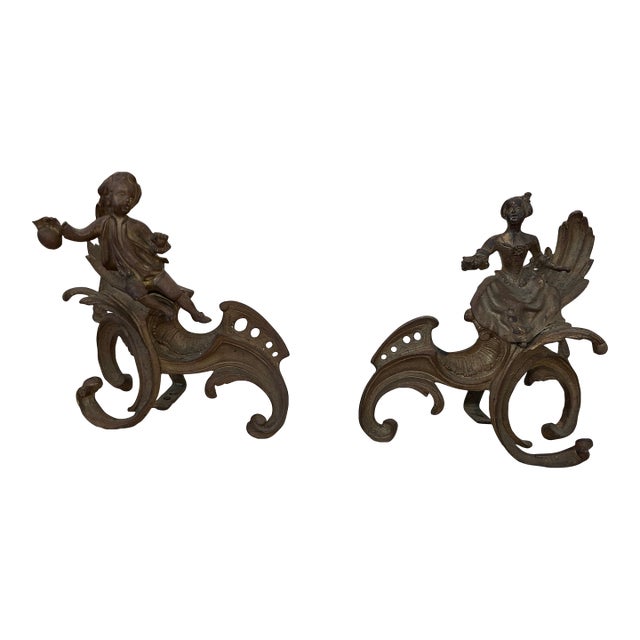 Small Antique Figural Fireplace Andirons- A Pair For Sale