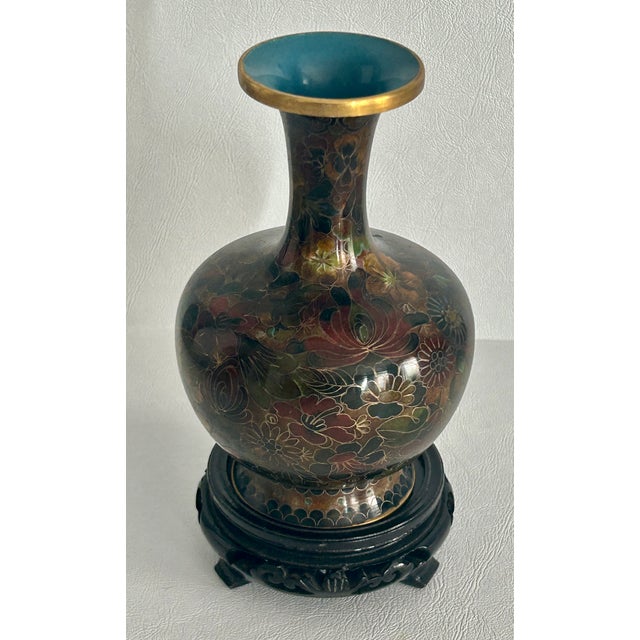 Vintage Cloisonné Vase Earth Tones With Carved Wooden Base For Sale - Image 10 of 16