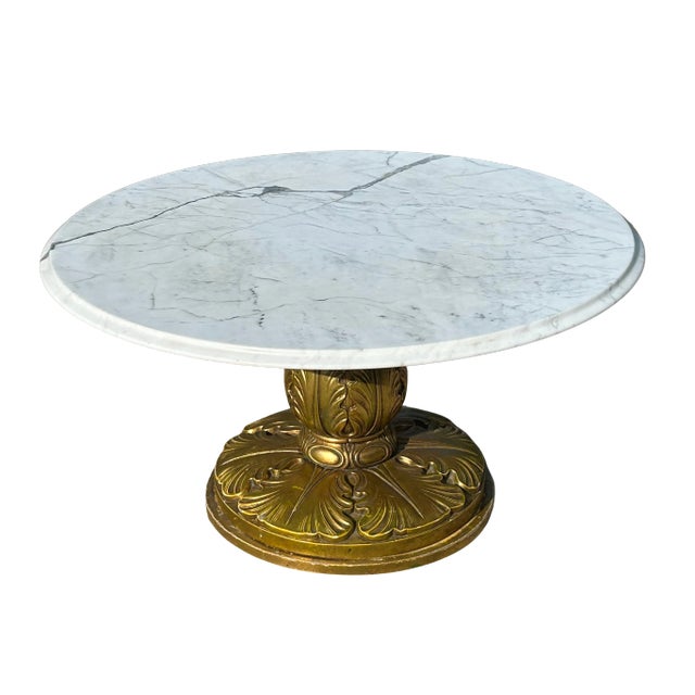 Labarge 1960s Conmar Italian Hollywood Regency Coffee Table With Carrara Marble Top | Hand-Carved Giltwood Acanthus Pedestal | Made in Italy For Sale - Image 4 of 15