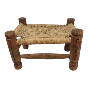 Early 20th Century Antique Rustic Primitive Folk Art Hand Painted Wood Rush Seat Stool