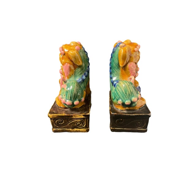 Vintage Pair of Ceramic Polychrome Foo Dogs For Sale - Image 4 of 6