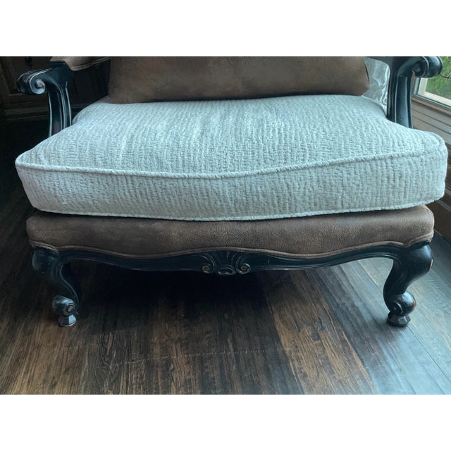 Pair of C.R. Laine Suede Leather and Chenille Fabric Chairs With Carved Wood Base and Arms For Sale - Image 9 of 11