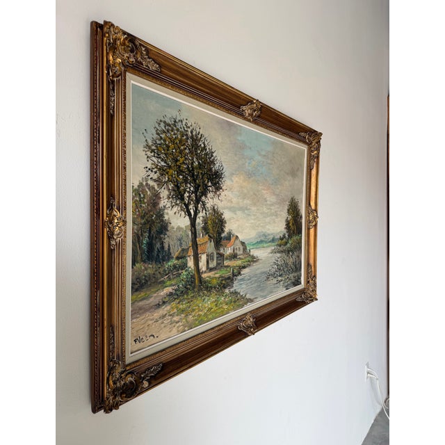 A charming vintage oil on canvas painting by P. Veen, depicting a tranquil European countryside with rustic cottages...