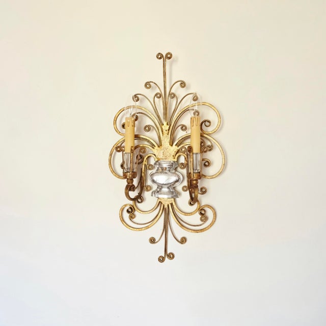 Two-Armed Wall Lamp in Iron and Crystal Glass in the style of Maison Baguès, France, 1950s For Sale - Image 15 of 15