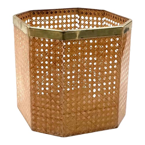 Hollywood Regency Plexiglass and Straw Waste Paper Basket