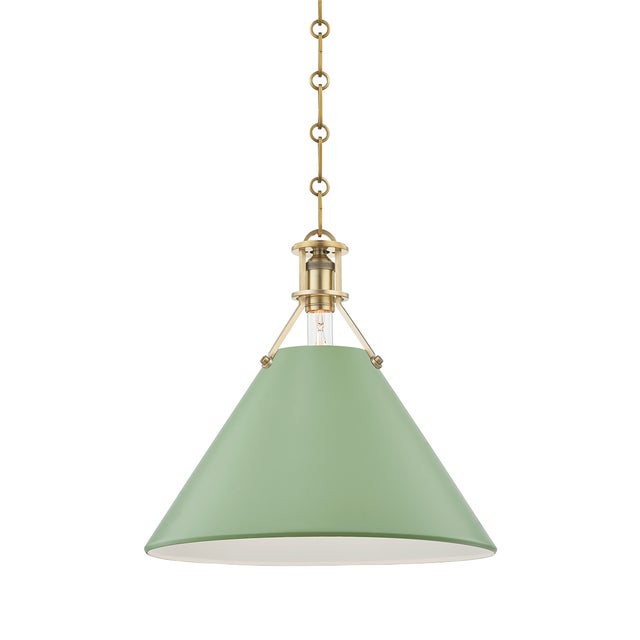 Transitional Hudson Valley Lighting Mark D. Sikes Painted No.2 1-Light Large Pendant, Aged Brass/Leaf Green Combo For Sale - Image 3 of 3