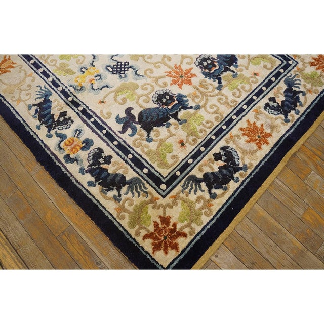 Chinese 1920s Ivory Navy Blue Colorful Antique Chinese Silk Carpet 4' X 7' Foo Dog Rug For Sale - Image 3 of 10