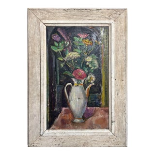 1948 E. Romano "Flower in White Vase" Oil Painting on Pressed Board For Sale