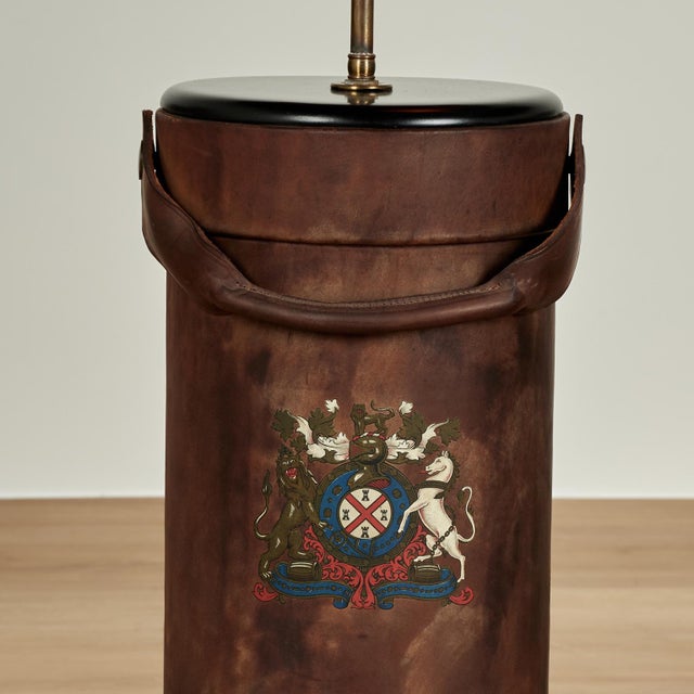 English 1920s Antique English Leather Bucket Table Lamps With Armorial Crests - a Pair For Sale - Image 3 of 11