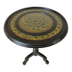 Vintage C1980s Black Wood Peacock Design Round Drum Side/End Accent Pedestal Table