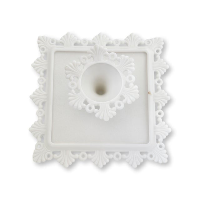Mid 20th century Westmoreland Ring and Petal Brandywine cake stand in classic white milk glass. The square pedestal form...