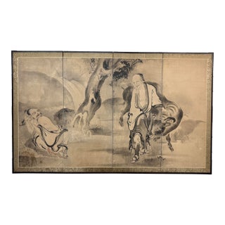 Japanese Byobu Taoist Folding Divider, Antique For Sale