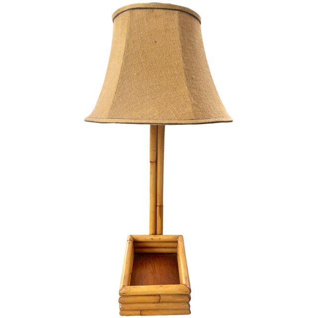 French Provincial Vintage Large Bent Bamboo Table Lamp With Woven Shade, 31" Tall French Provincial Coastal Style For Sale - Image 3 of 17