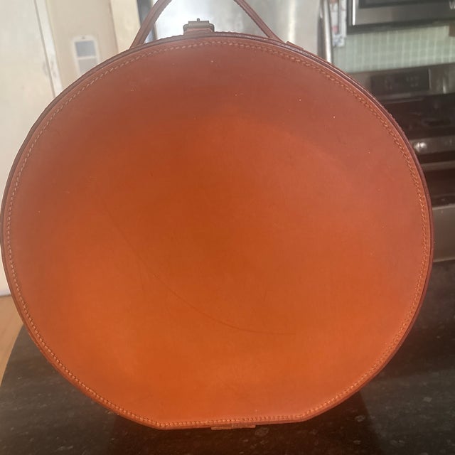 Cognac Leather Rounded Storage Container For Sale - Image 4 of 12