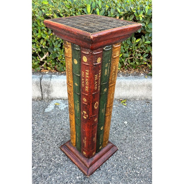 Faux Book Wood Pedestal with Wicker top. In the manner of Maitland Smith