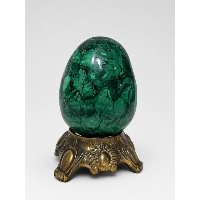 Large & Heavy Sculpted Malachite Egg Specimen Sculpture on Ornate Brass Stand For Sale - Image 4 of 10