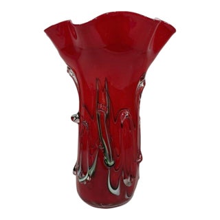 Vintage Fazzoletto Murano Textured Red Art Glass Vase For Sale
