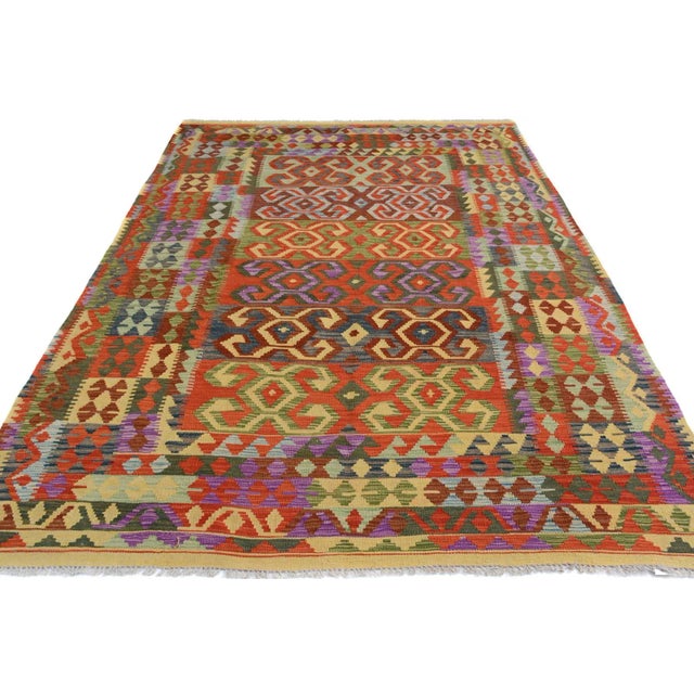 1990s 1990s Kilim Red Green Wool Rug - 6'6" X 9'8" For Sale - Image 4 of 7