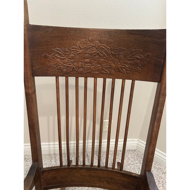 Vintage Arts & Crafts Carved Oak High-Back Rocking Chair With Cane Seat &Arms For Sale - Image 6 of 7