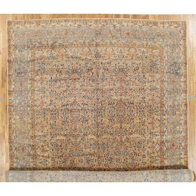 Antique Kerman Carpet, Handmade Persian Rug Wool Carpet, Blue, Beige and Peach For Sale - Image 4 of 16