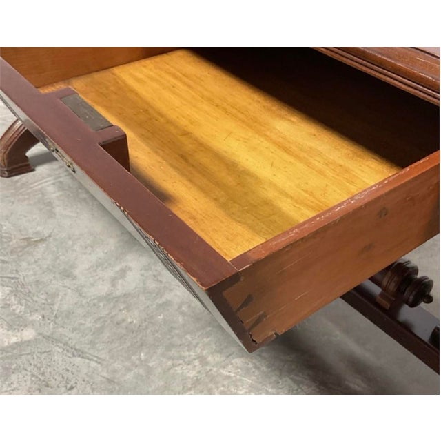 Brown Antique Renaissance Revival Carved Walnut Library Table / Writing Desk — Leather Top For Sale - Image 8 of 8