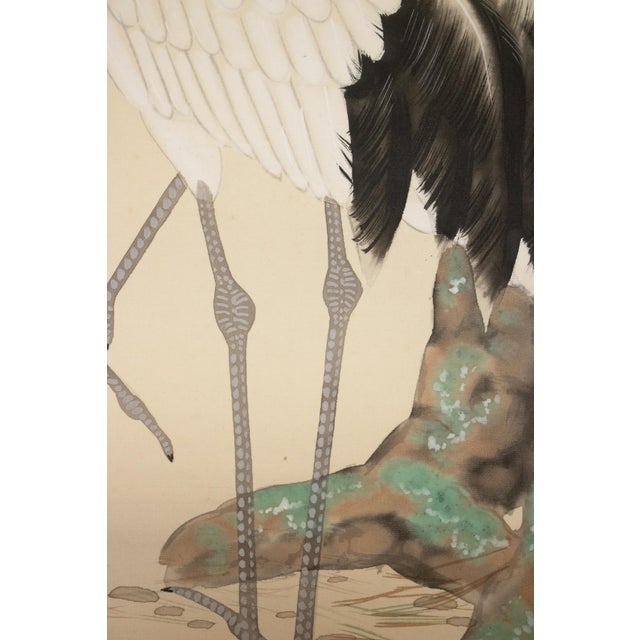 Taisho to Showa Era Japanese Silk Scroll Painting "Two Cranes and a Pine Tree" For Sale In Dallas - Image 6 of 18