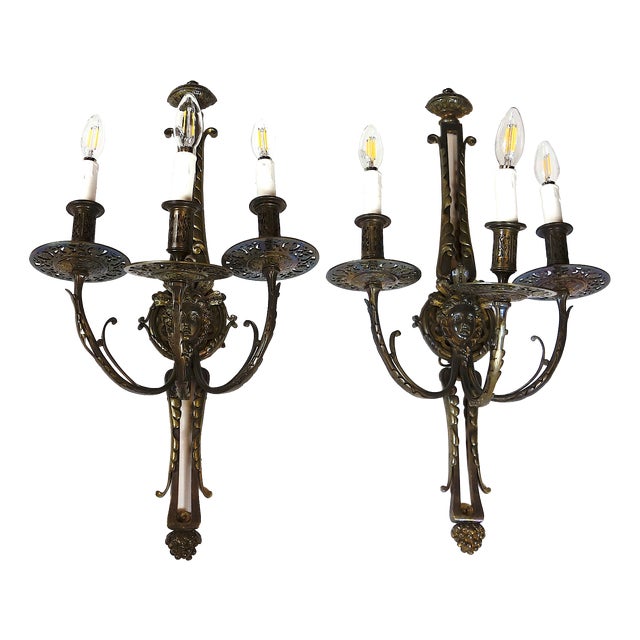 Antique Art Nouveau Empire Bronze Wall Lamps from Unbekannt, 1920s, Set of 2 For Sale