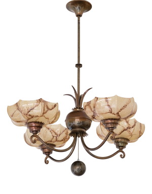Chandelier in Brass and Marbled Glass by Harald Notini for Böhlmarks, Sweden, 1927