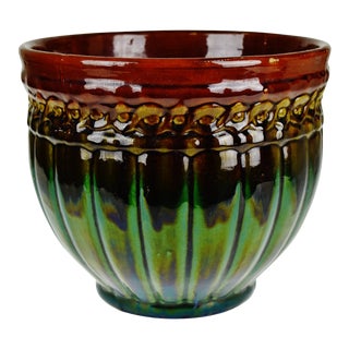 Vintage Ceramic Brown & Green Majolica Jardiniere For Sale