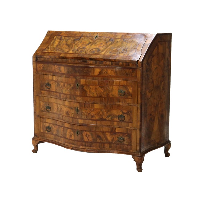 18thC Italian Florence Olive Wood, Rosewood & Burl Swell & Drop Front Desk Raised on Cabriole Legs Terminating in Scroll...
